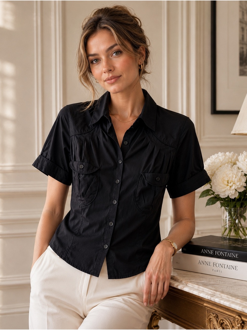 Anne Fontaine Black Fitted Button Up Blouse French Designer Top 42